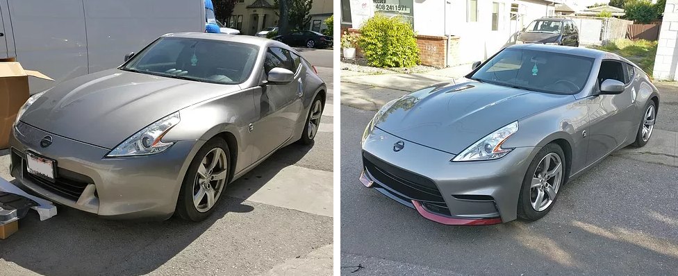 Before and after photos of a Nissan 370Z repaired at International Auto Center Body Shop in Santa Clara